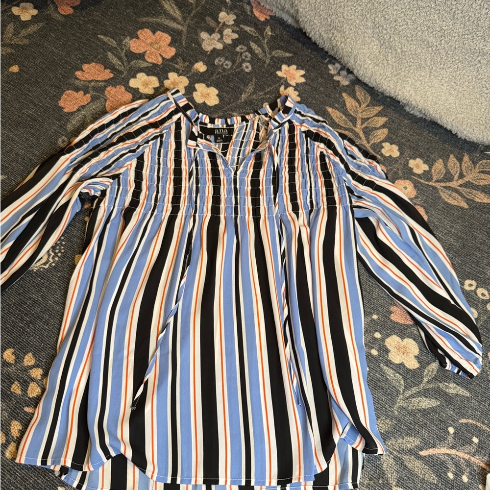 a.n.a Blue Smocked Blouse Relaxed Fit